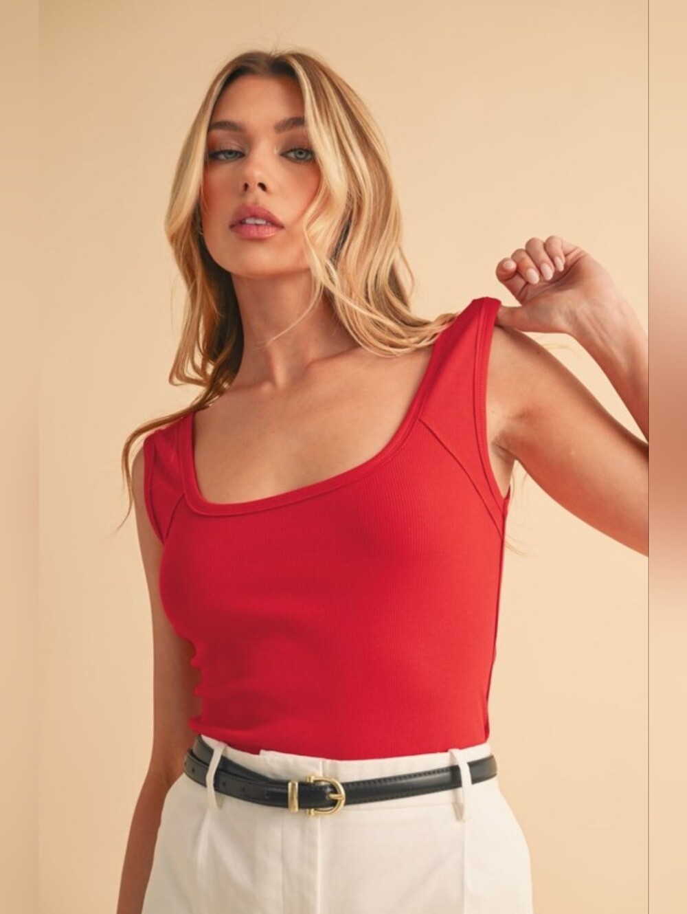 Aemi+Co Square Neck Wide Strap Tank- Cherry Red Ribbed Summer Tank Top